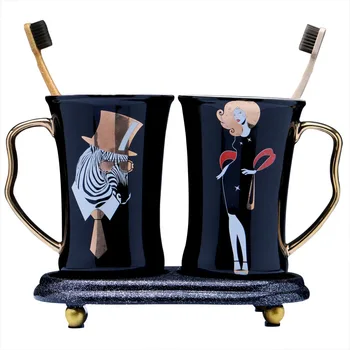 

Modern minimalist bathroom couple wash brushing mouth cup pair of creative decals painted gold black ceramic mouthwash cup set