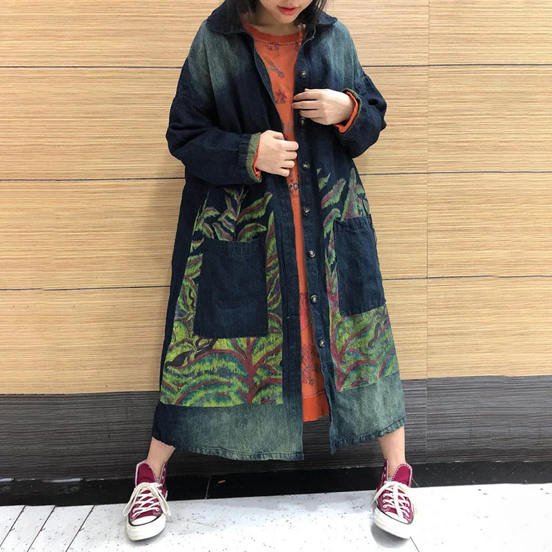 

March Spring And Autumn Vintage Printed Joint Applique Retro Large Size Cardigan Coat Wholesale Jeans Coat Women's