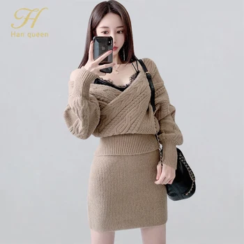 

H Han Queen Stretch Knitted 2 Pieces Set Women V-neck Pullover Sweaters And Pencil Bodycon Skirts 2020 Spring Casual Skirt Suits