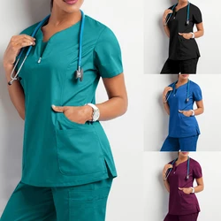 New Nurse Uniform Stretch V-Neck Scrub Top Solid Short Sleeve T-Shirt with Pocket Care Workers Blouse