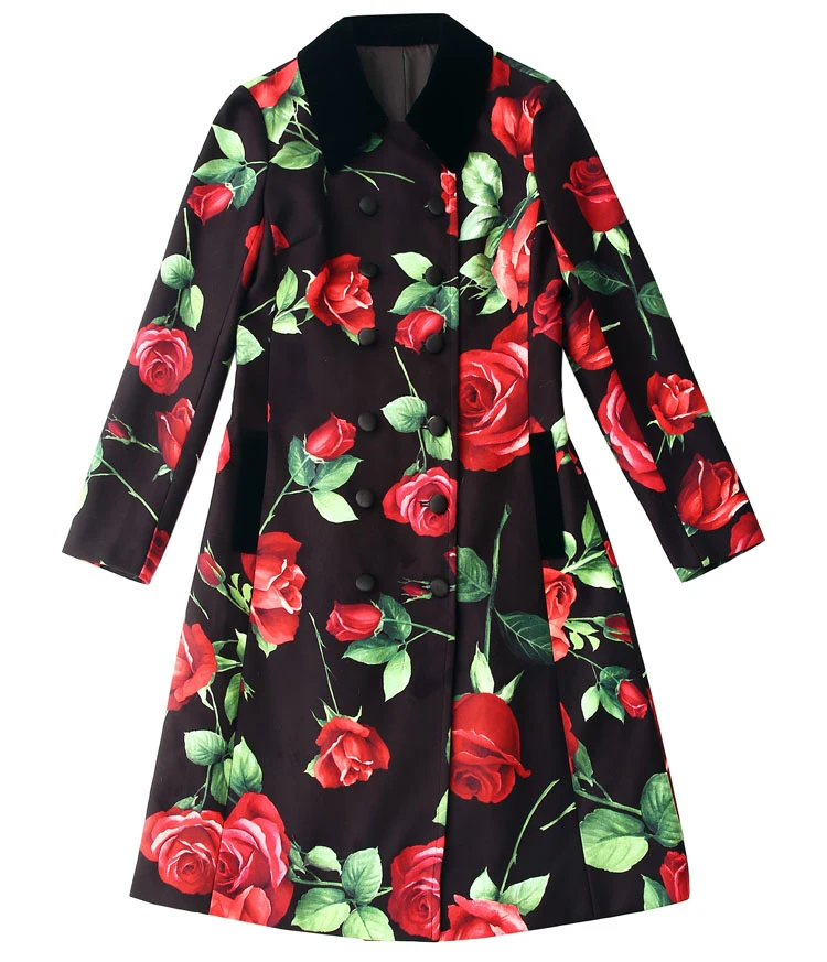 SEQINYY черный плащ осень зима модный дизайн женский длинный рукав с принтом розы Длинный топ высокое качество