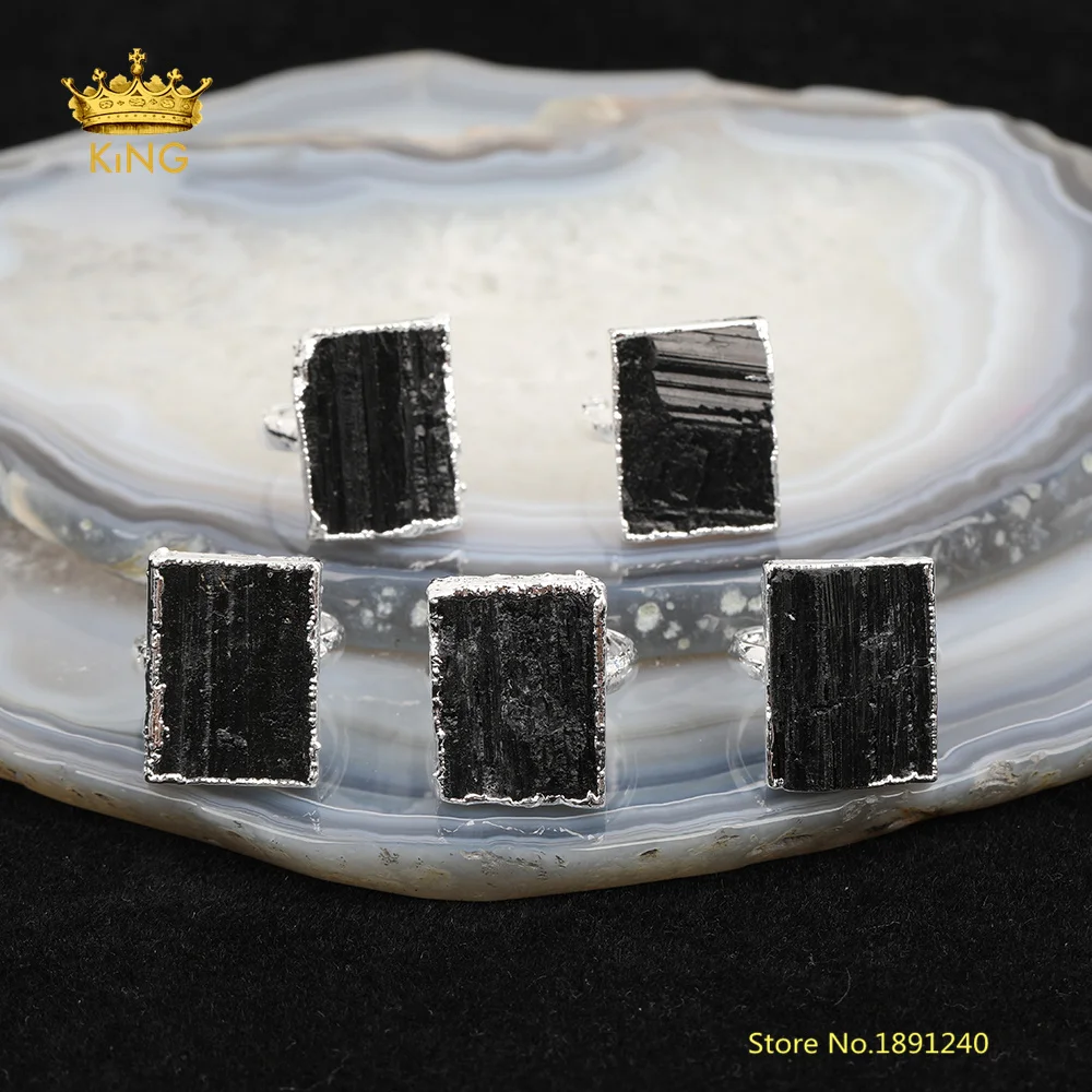 5 шт. черные турмалиновые серебряные кольца ювелирные изделия, прямоугольные рок турмалиновые бусины Регулируемые кольца, натуральный турмалин массивные кольца