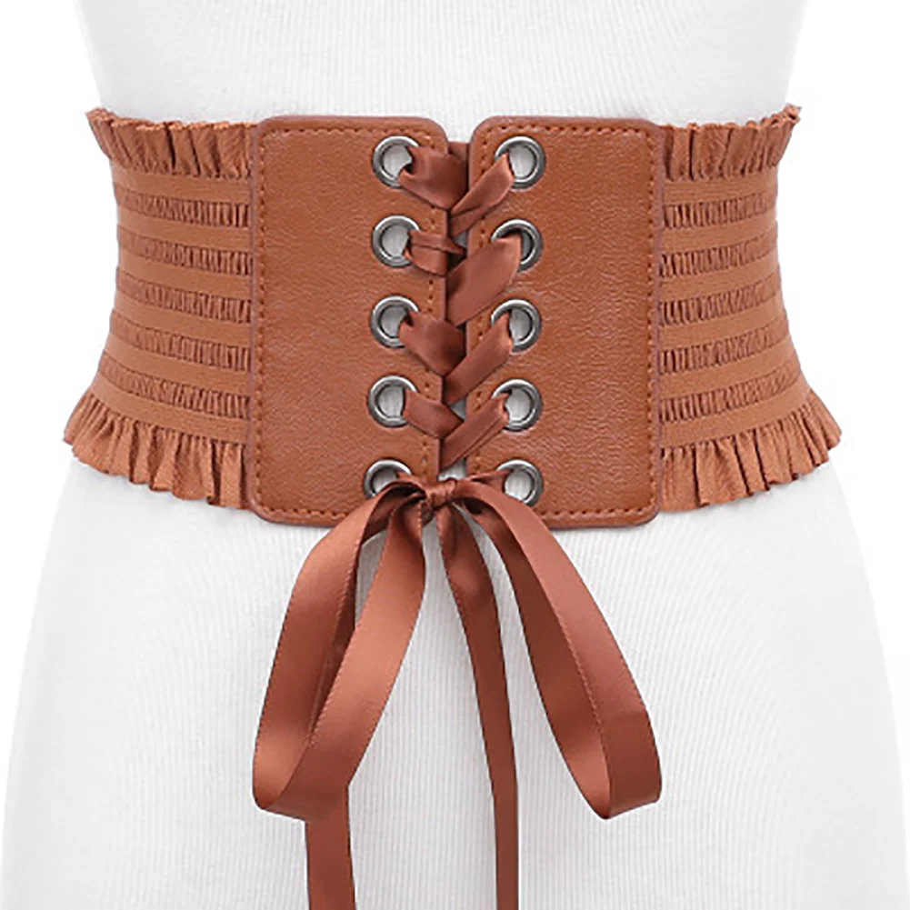 Women Belt Bowknot Girls Tie Strap Lace Up Adjustable Tassel High Waist Corset Fashion Elastic Bands Wide Girdle - Цвет: CAMEL