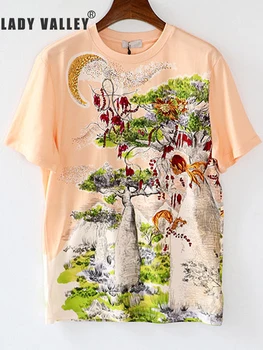 

Free shipping heavy craft jungle printing nail beaded diamond round neck set hedging T-shirt ladies summer new retro wild