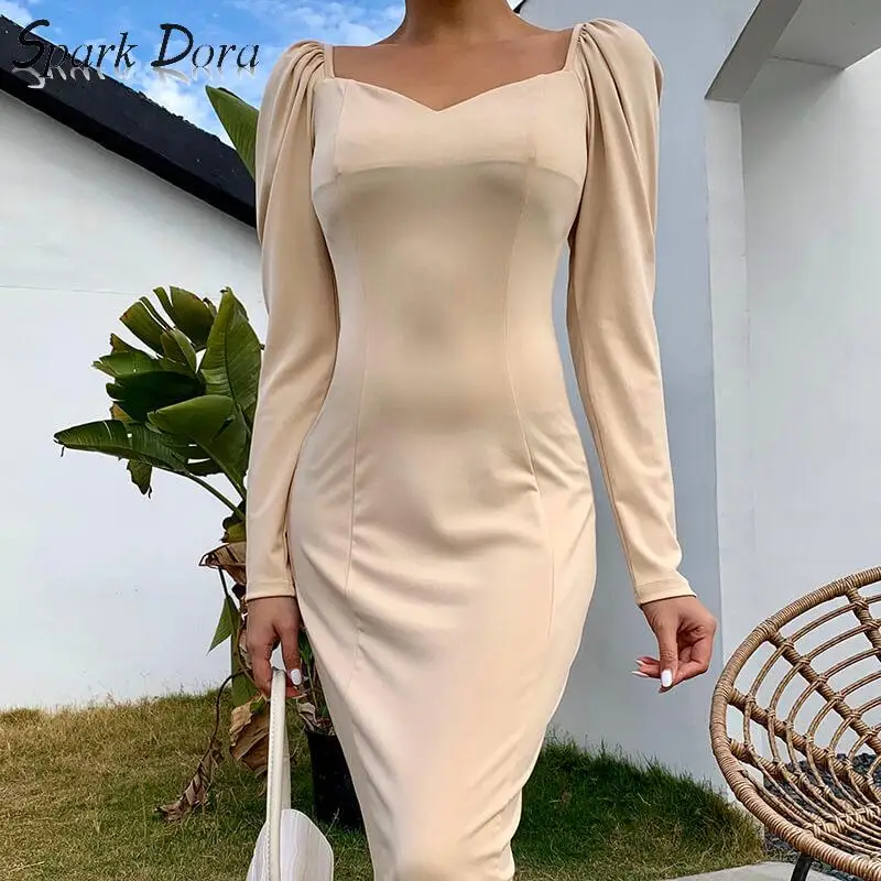 

SparkDora hot Lady Fashion Dress With Buttocks Slim Temperament Peach Heart Collar Long Puff Sleeve Straight Gongni Fabric Dress