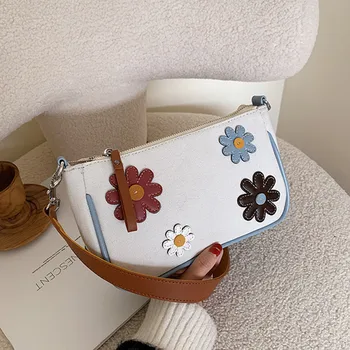 

Ladies New Korean Cartoon Flower Baguette Bags Casual Fashion Design Handbag Girl Summer Sweet Canvas Shoulder Bag 2020