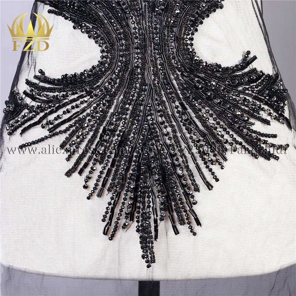 FZD 1 PC Party Black Cutting patches Bugle beads decorative patch for Wedding Dresses, DIY Decorative Women Clothes Handsewn