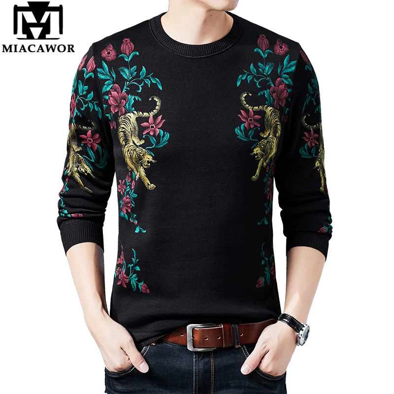 

MIACAWOR New Sweater Men Winter Thick Pullover Men Knitted Sueter Hombre Slim Fit Jumpers Men Fashion Flower Pull Homme Y238