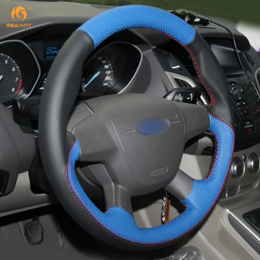 MEWANT Черный Синий чехол для рулевого колеса автомобиля из натуральной кожи Ford Focus 3