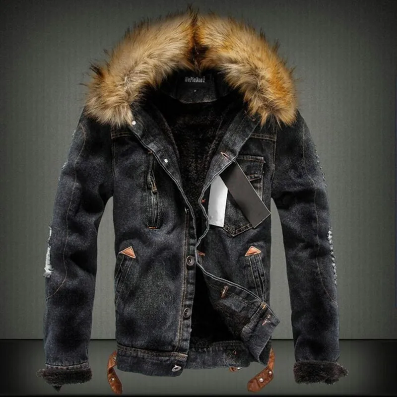 New Men Winter Fur Collar Denim Jacket Plus Velvet Lining Thick Warm