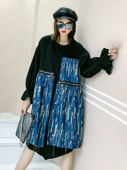 

SuperAen Streetwear Full O Neck Autumn and Winter Splicing Denim Coat A Line Loose Slim Dress for Women