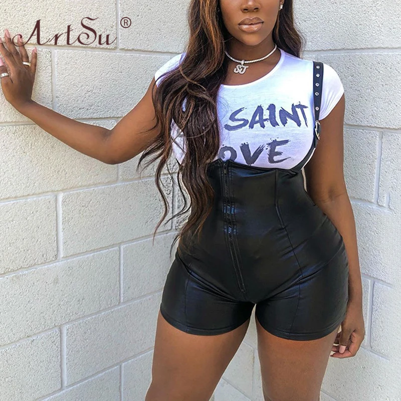 ArtSu negro de moda de cuero de la PU de traje de las mujeres delgadas corta vestido mameluco mono cintura alta espaguetis correas ropa de calle con cremallera