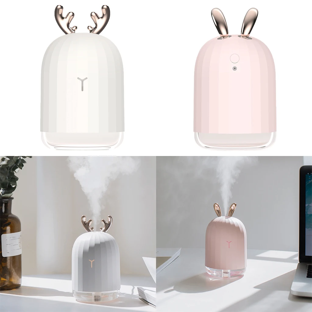 2Pcs Pink&White Ultrasonic USB Air Humidifier Travel Car Aroma Diffuser Cool Mist Maker with LED Nightlight 220ml