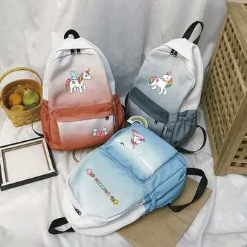 

1 PC Canvas Gradient Color Backpack Cartoon Printed Teenage Girl Casual School Bag Book Capacity Double Shoulder Bag Backpack