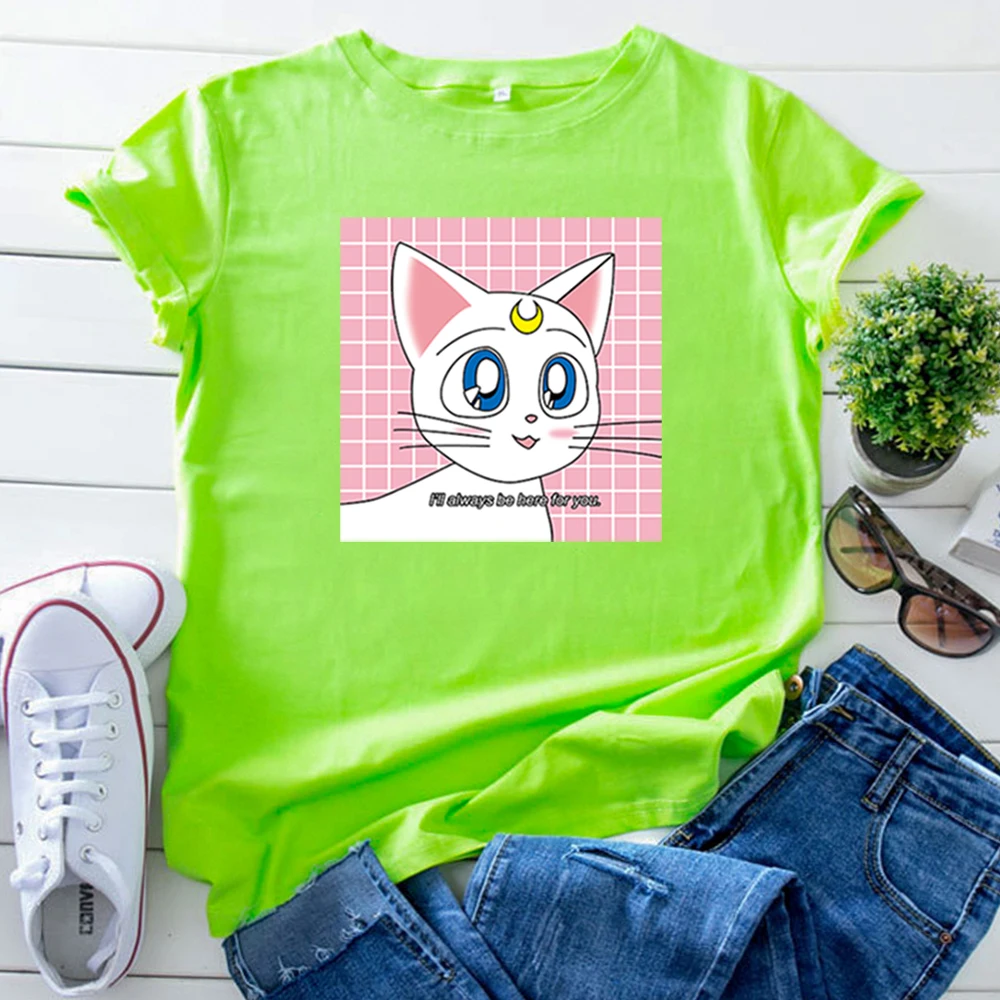 Women'S Tshirt Sailor Moon Cartoon Cat T Shirts For Women Cotton Hip Hop Woman T-Shirts Round Neck Vintage Short Sleeve Tops