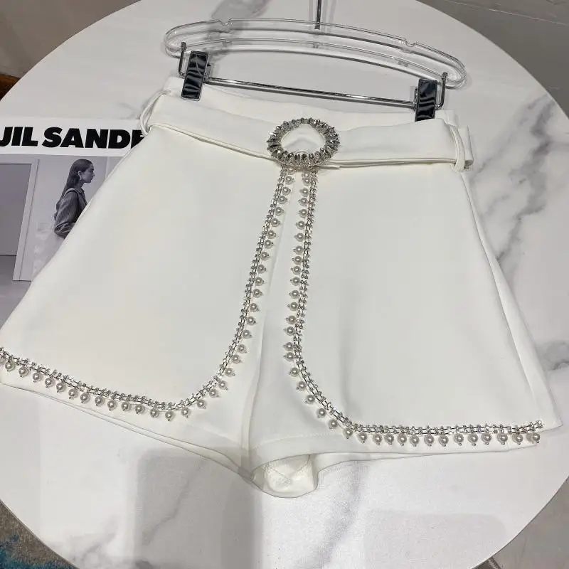 Cakucool Summer New Chic Diamonds Beading Shorts Skirts Chic Pearls Faux Two Piece Fashion Office Lady Shorts Plus Size