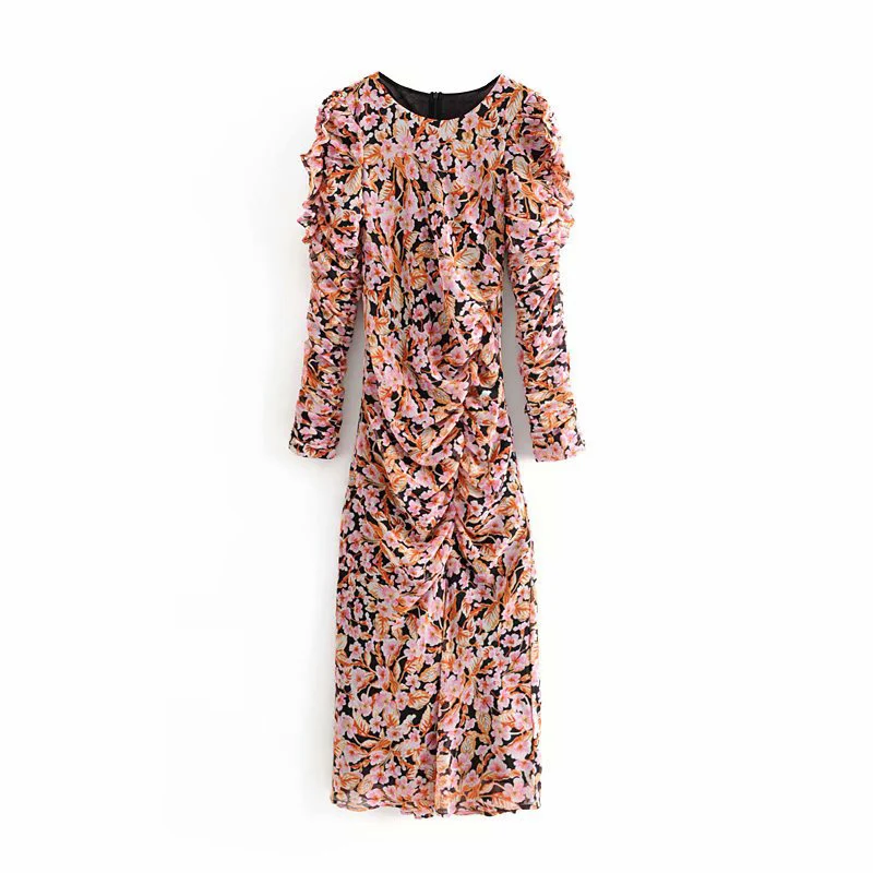 Стильные цветочные платья для женщин с круглым вырезом и длинным рукавом Модное Элегантное плиссированное платье с пышными рукавами облегающие вечерние платья - Цвет: Print