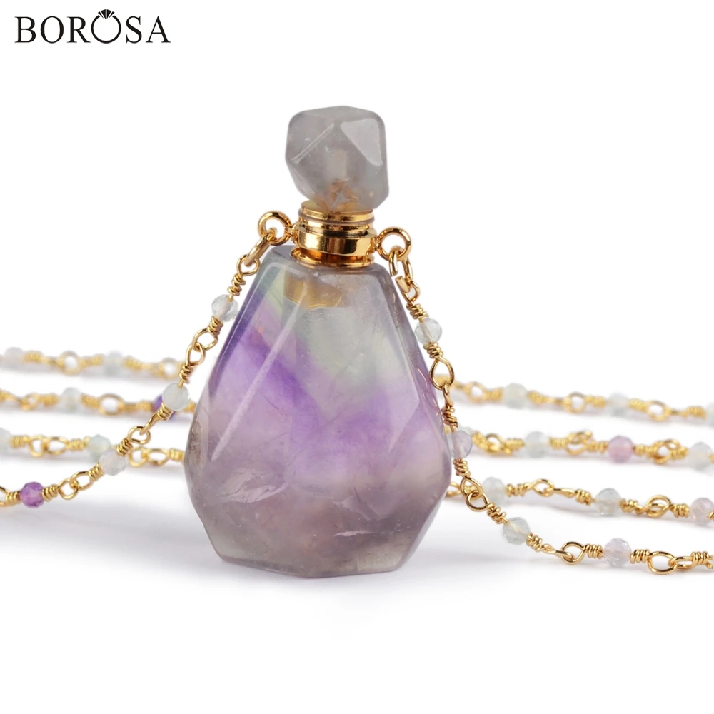 Rainbow Fluorite BOROSA 2 шт. флакон духов натуральный мульти-вид камень белый кварц Амазонит аметисты 26 дюймовый шарик цепи диффузор ожерелье HD0091 - Окраска металла: Rainbow Fluorite