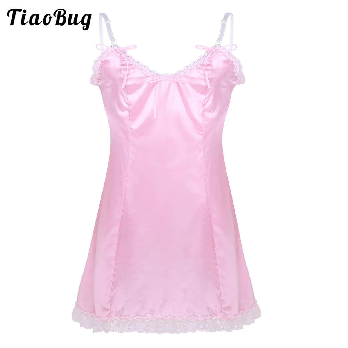 

TiaoBug Men Adult Sissy Fancy Vintage Slip Dress Smooth Satin Adjustable Spaghetti Shoulder Straps V-Neckline Low Back Sleepwear