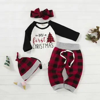 

Baby My First Christmas Clothes Set Infant Girls Boys Outfit Long Sleeve Bodysuit Plaid Pants Headband Hat 4PCS