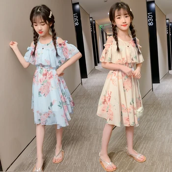 

Summer Girls Dress Chiffon Floral Children Beach Dress for Girls 4 6 8 9 10 12 13 Years Kids Dresses Girls Banquet Party Clothes