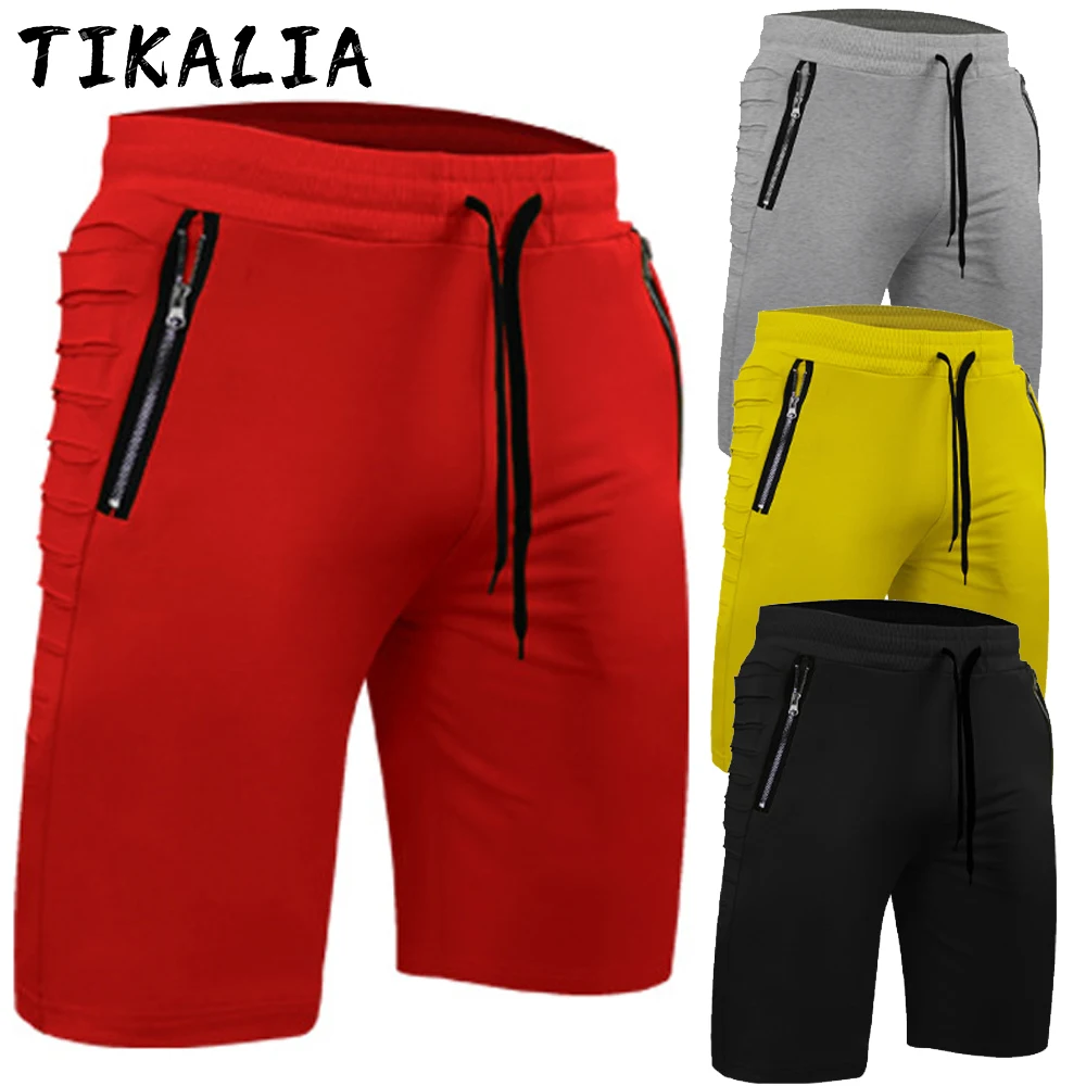 Pantalones cortos informales rasgados para hombre, pantalón corto para correr con bolsillos y cremallera, prendas de vestir, ropa deportiva, verano, 2021