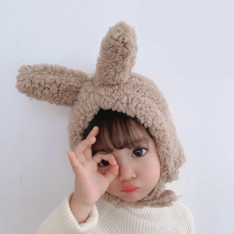 Baby Ear Cap Kids Lambswool Hat Warm In Autumn Winter Infant Cute Plus Cashmere Hedging Cap Rabbit Bear Cartoon Hats Headwrap