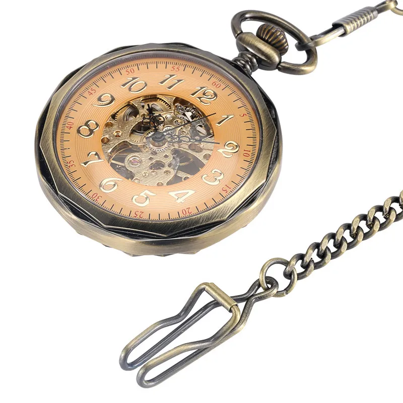 Steampunk Mechanical Pocket Watch Analog Handwinding Skeleton Clock for Men Women Pendant Chain Watches Open Face Arabic Number