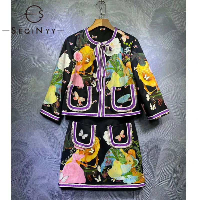 

SEQINYY Sicily Style Suit 2020 Spring Autumn New Fashion Design Women Short Jacket + Mini Skirt Butterfly Flowers Colorful Print