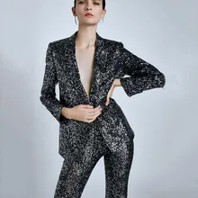 ZA Модный женский комплект из двух предметов, блестящий повседневный костюм с отворотом и блестками, расклешенные брюки, вечерние шармы для ночного клуба