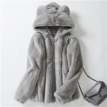 

2019 new women's autumn and winter rabbit fur coat jacket whole rabbit fur short zipper fashion with hooded jacket