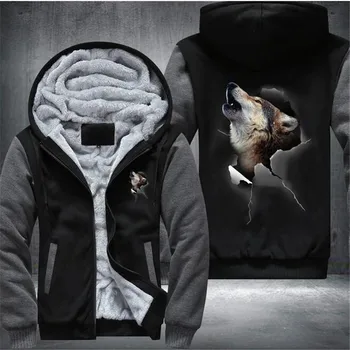 

3D Wolf Howl Fleece Mens Winter Hoodies Male Harajuku Casual Sweatshirts Hooded Zipper Warm Sportswear Thicken Warm Outwear