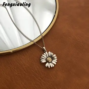 

Fengxiaoling New Arrivals 925 Sterling Silver Retro Small Daisies Pendant Necklaces For Women Long Statement Necklace Jewelry
