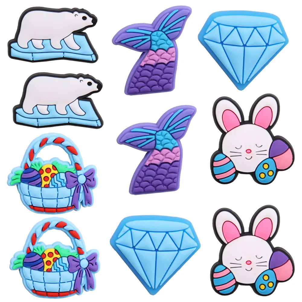 

10PCS PVC Cartoon Shoe Charms Kawaii Polar Bear Diamond Rabbit Easter Egg Basket Fishtail Croc Jibz Buckle Fit Wristbands Gift