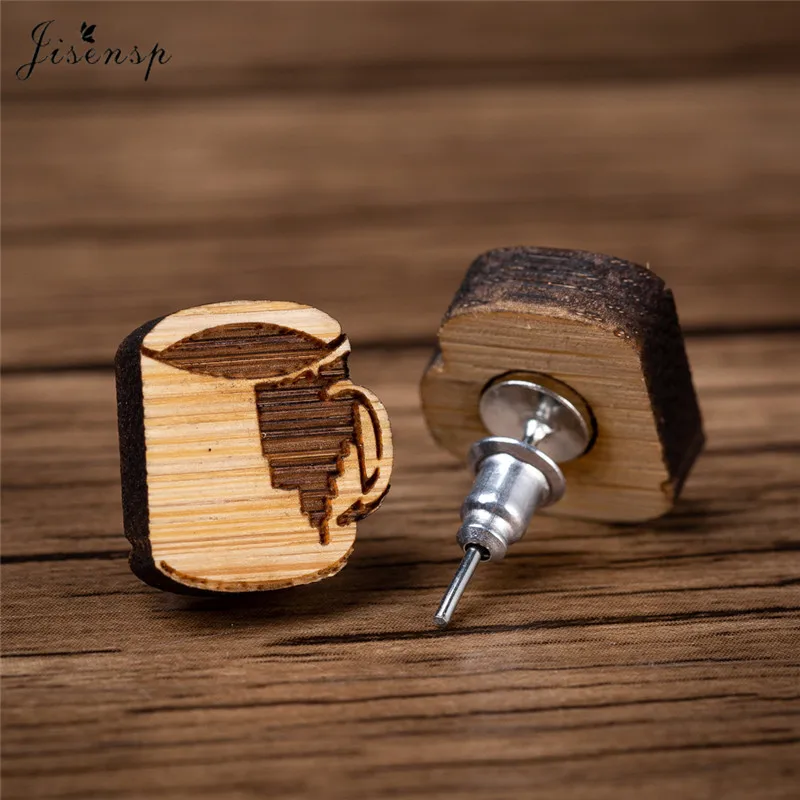 Jisensp Vintage Design Cute Cup Wood Earrings Fashion Jewelry for Women Unique Coffee Cup Stud Earrings Fashion Jewelry Gift