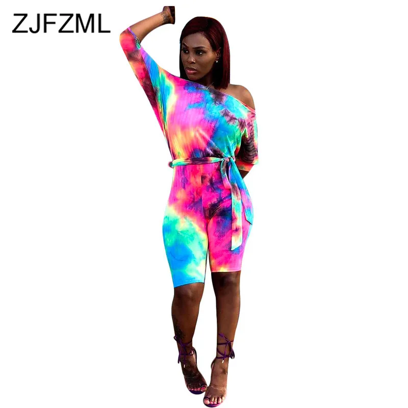 

Rainbow Tie Dye Sexy Skinny Jumpsuits Women Slash Neck Long Sleeve One Piece Overall Summer Off Shoulder Backless Beach Playsuit