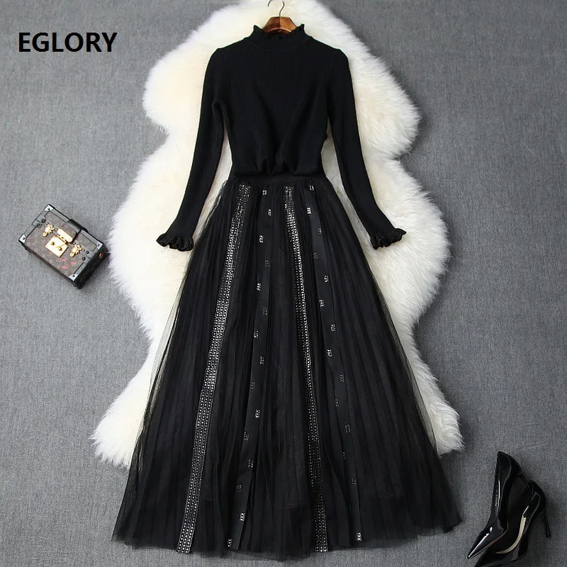 Vrouwen Set 2019 Herfst Winter Lange Rok Pak Dames Zwart Gebreide Truien + Metalen Kralen Mesh Lange Maxi Rok set 2 Stuk Vrouwen Set 2019 Herfst Winter Lange Rok Pak Dames Zwart Gebreide Truien + Metalen Kralen Mesh Lange Maxi Rok set 2 Stuk