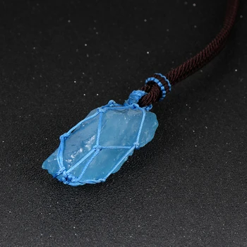 

Women Men Natural Ocean Blue Aquamarines Pendant Necklace Braided Rope Wrap Gem Stone Adjustable Sweater Chain Jewelry 20-30mm