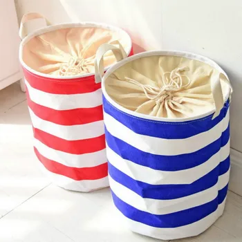 

New Style Bold Stripes Storage Bucket Canvas Waterproof Dustproof Folding Storage Containers Finishing Storage Tool Basket