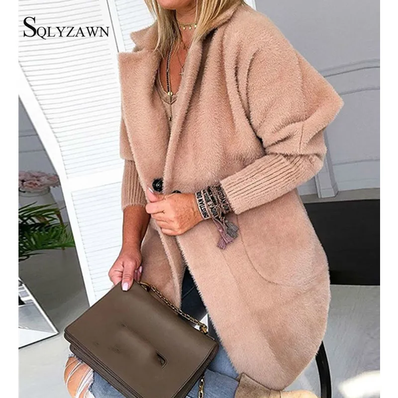 

Women Autum Winter Warm Coat Khaki Pink Blue Solid Loose Fluffy Single Button Long Coat Soft Outwear Women Warm Jacket Plus Size