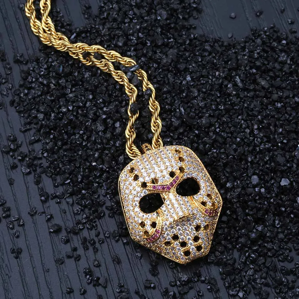 

Hip Hop Jason Mask Pendent Necklace Iced Out CZ Chain Gold Silver ColorHalloween Horror Necklace Jewelry for Men Women