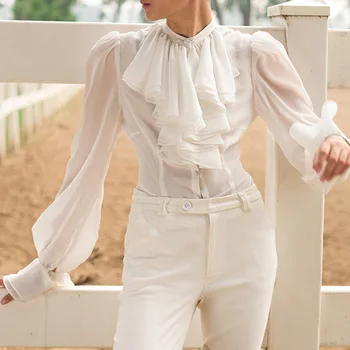 

Sexy Chiffion Women Shirts Tops Autumn Fashion 2020 Loose Ruffle Flare Sleeve Office Lady Party Blouse European Fablala Tops