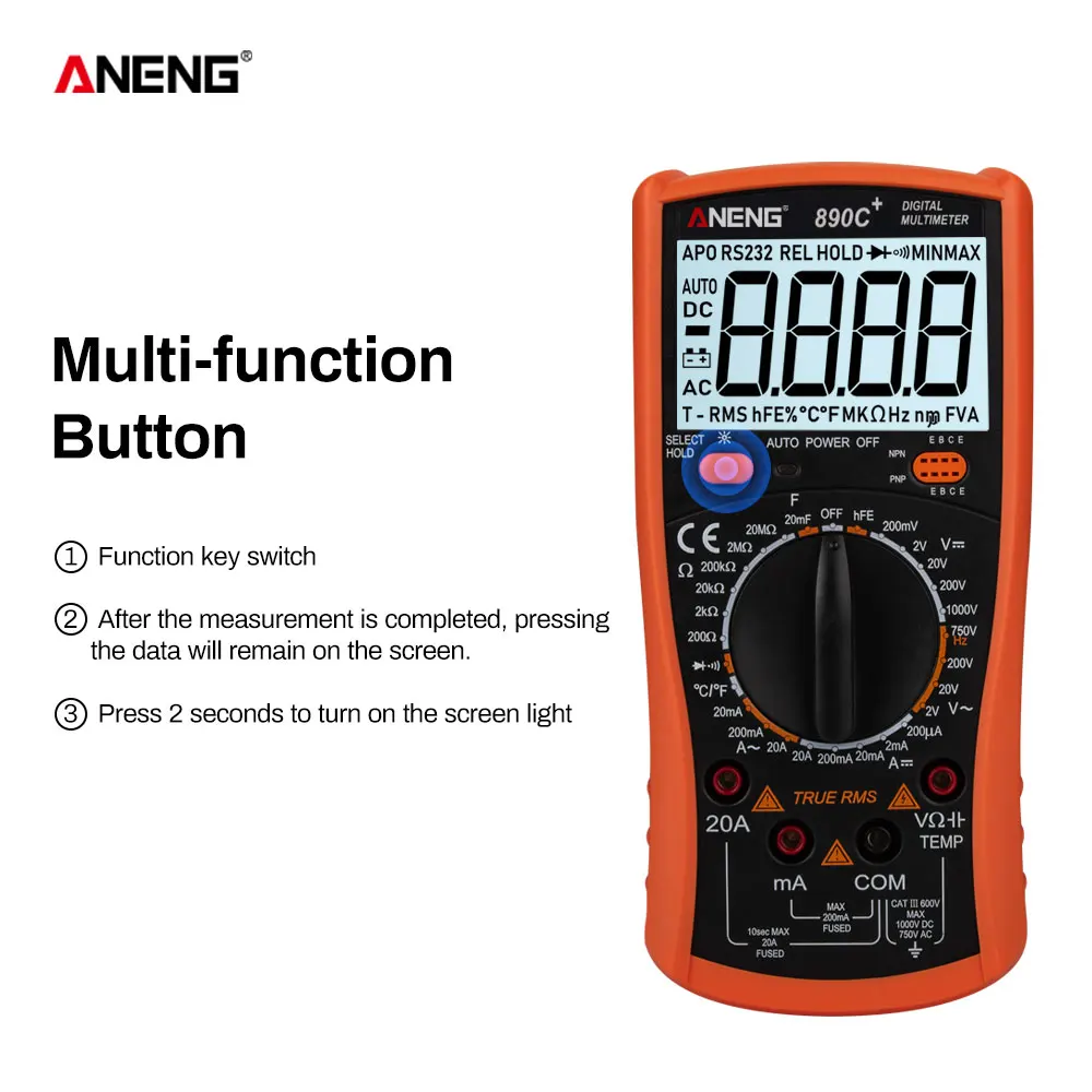 ANENG 890C+ цифровой мультиметр 2000 советников ручной диапазон True RMS сопротивление емкости температурный транзистор