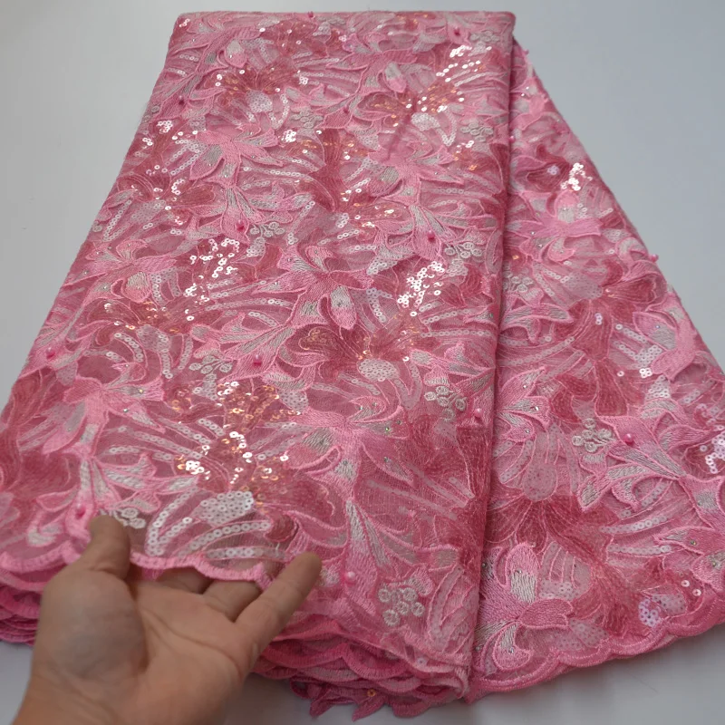 

(5yards/pc) high quality pink African sequins tulle lace fabric excellent embroidered French net lace for party dress FLP982