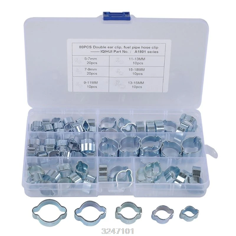 

Double Ear Hose Clips Water Fuel Air Clamps for 5-7MM Zinc Plated Assortment Box