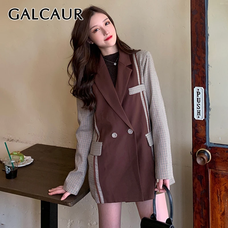 GALCAUR, винтажный хит, цветной блейзер для женщин, зубчатый, длинный рукав, пэтчворк, в клетку, Повседневный, Женский блейзер,, осенняя мода, новинка