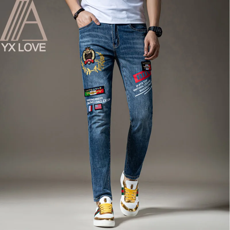 

Embroidery Blue Men Jeans Fantastic Patterns Quality Brand Slim Elastic Comfortable Hiphop Pants Multiple Styles Trousers