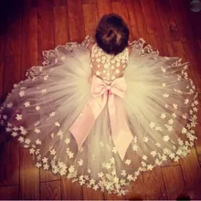 Фатиновые платья с открытой спиной и цветочным узором для девочек на свадьбу; пышные платья без рукавов с большим бантом для девочек; платье для дня рождения с цветочной аппликацией