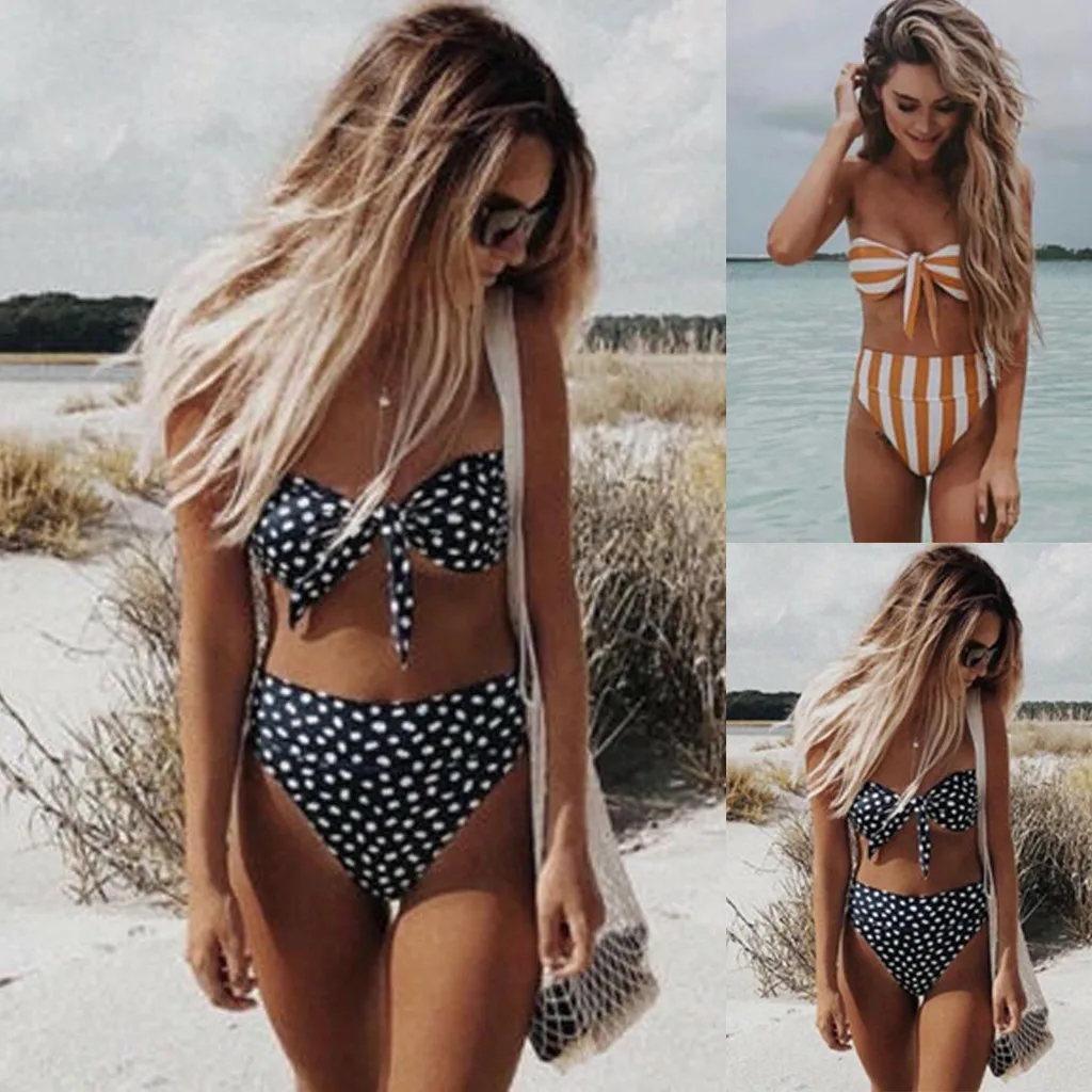 Fashion Printing Women Strapless Biquini High Waist Underwear Set Push