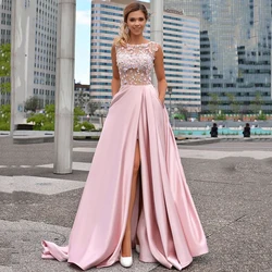 Scoop High Slit Evening Dresses with High Quality Satin Holy Communion 2022 Button Applique Sequined  Dress свадебное платье